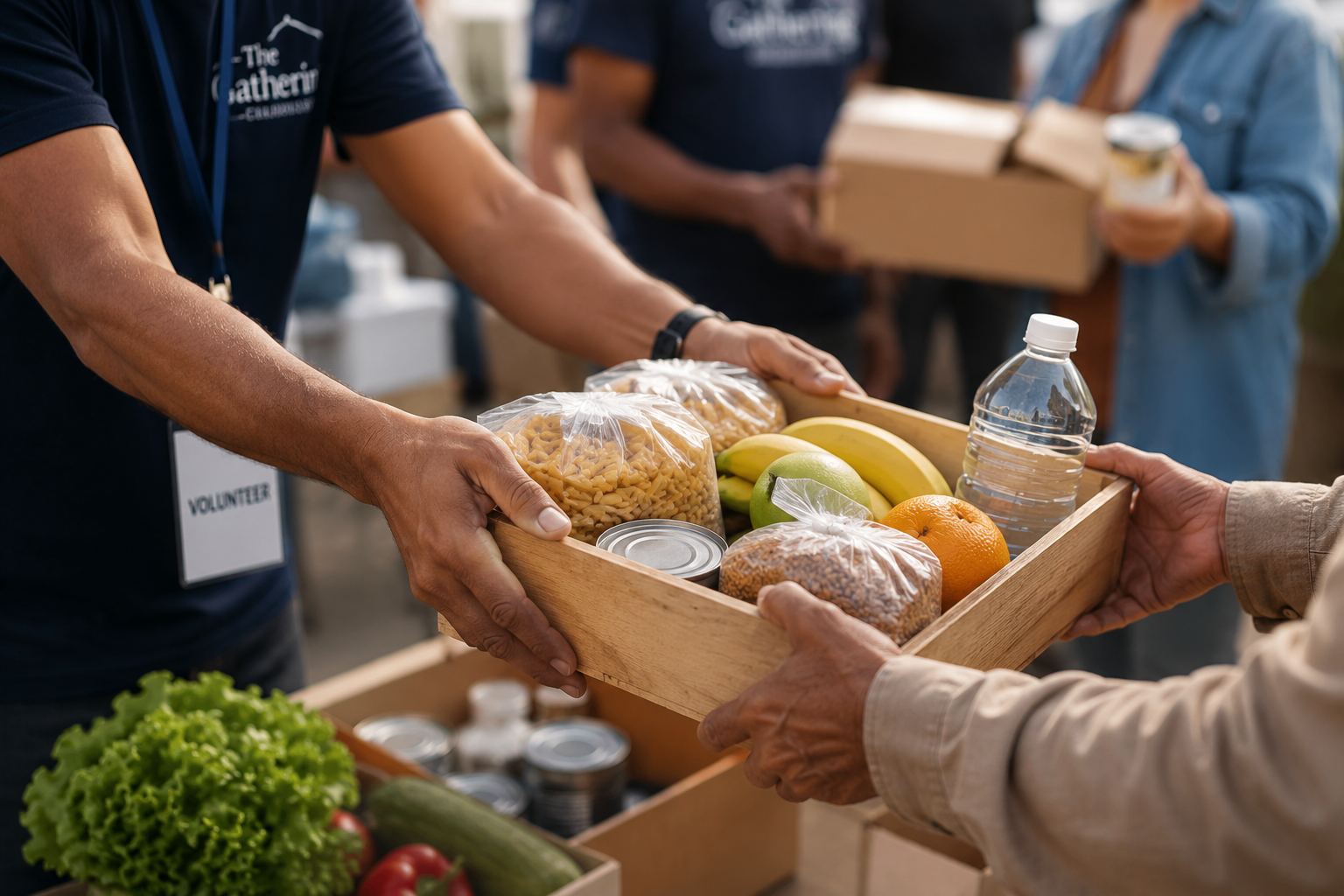 Volunteers handing over a wooden basket filled with food items such as pasta, bananas, an apple, oranges, canned goods, a bottle of water, and a bag of grains to a recipient during a food distribution event.