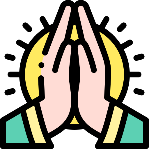 Illustration of two hands pressed together in prayer or greeting gesture with a yellow background.