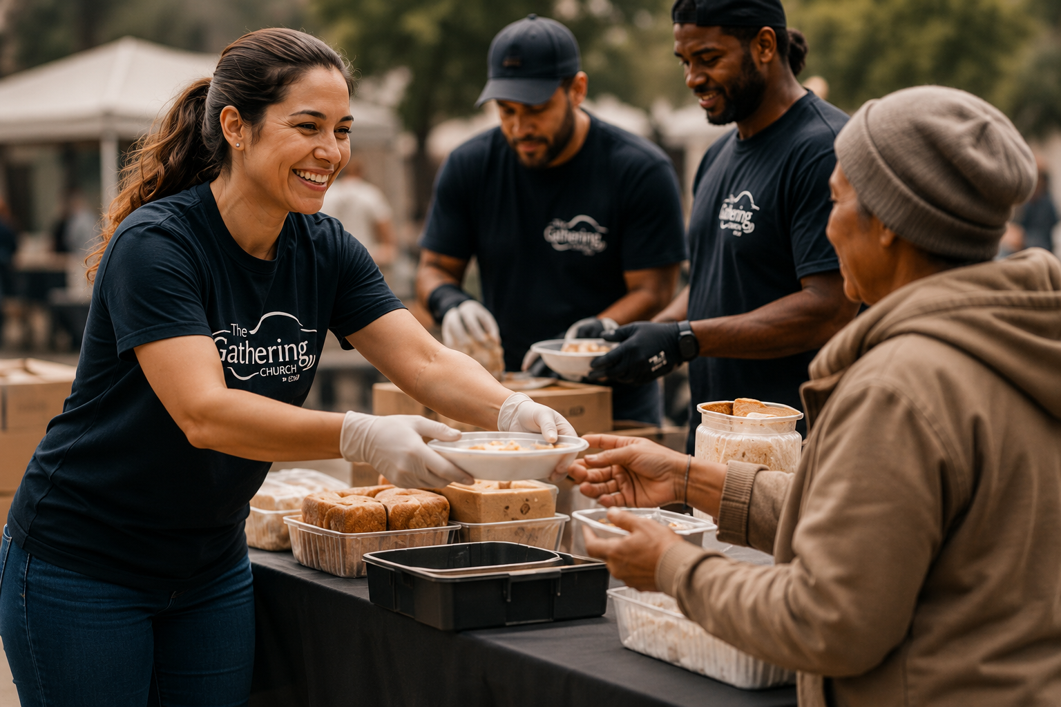 A woman in a black T-shirt serving food to an elderly man at an outdoor community event, with other volunteers in matching shirts in the background.