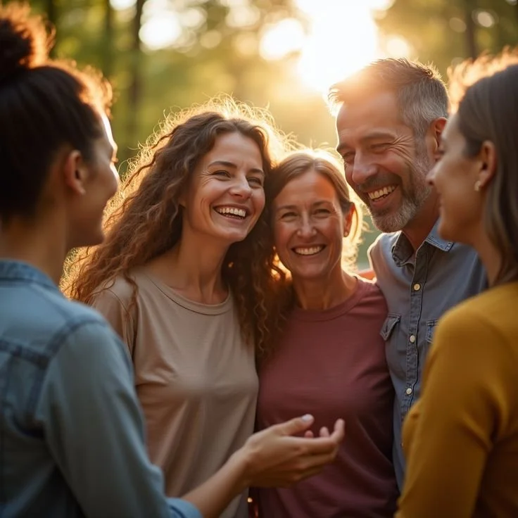 Group of five people smiling and talking outdoors during sunset.