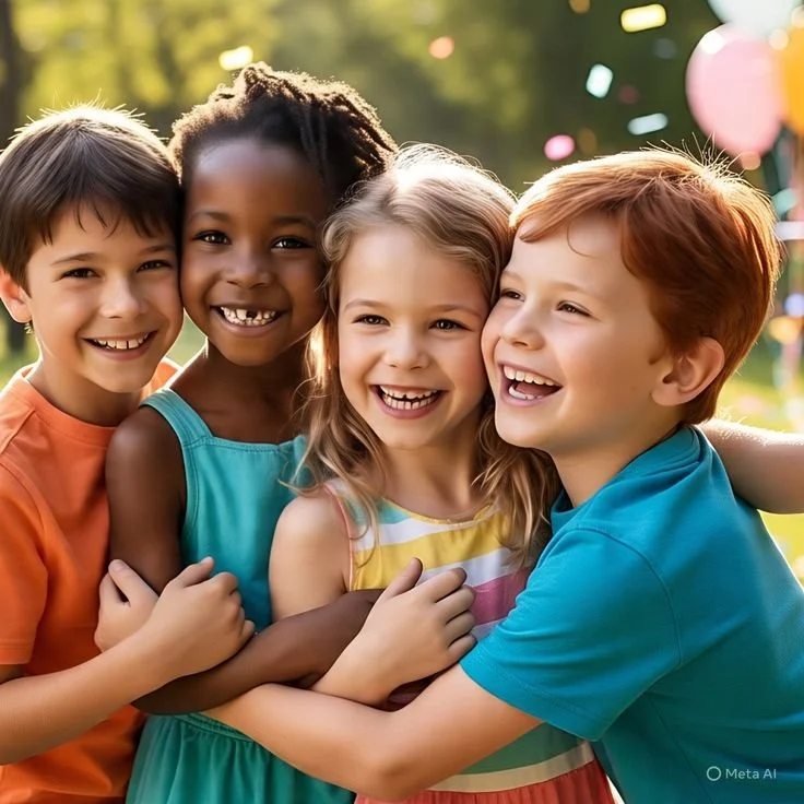 Four children, two boys and two girls, smiling and hugging outdoors in a park with colorful balloons in the background.