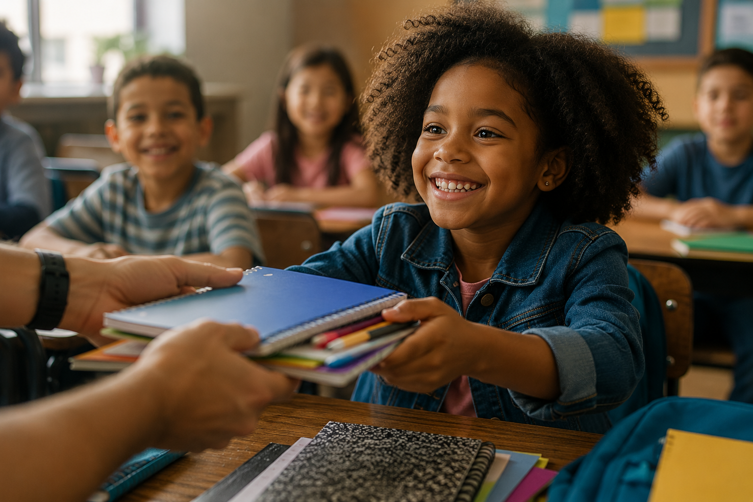 A girl in a denim jacket smiling as she receives a notebook and papers from an adult in a classroom with other students in the background.
