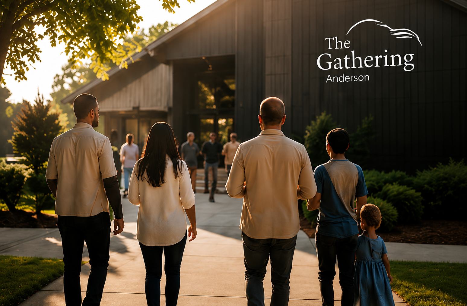 A group of people walking toward a gathering at a church or community center during sunset.
