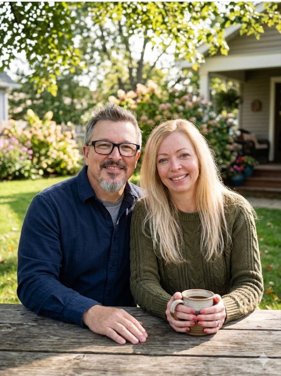 A smiling man with glasses and a beard and a woman with long blonde hair holding a mug sit at a wooden table outdoors with a house and garden in the background.
