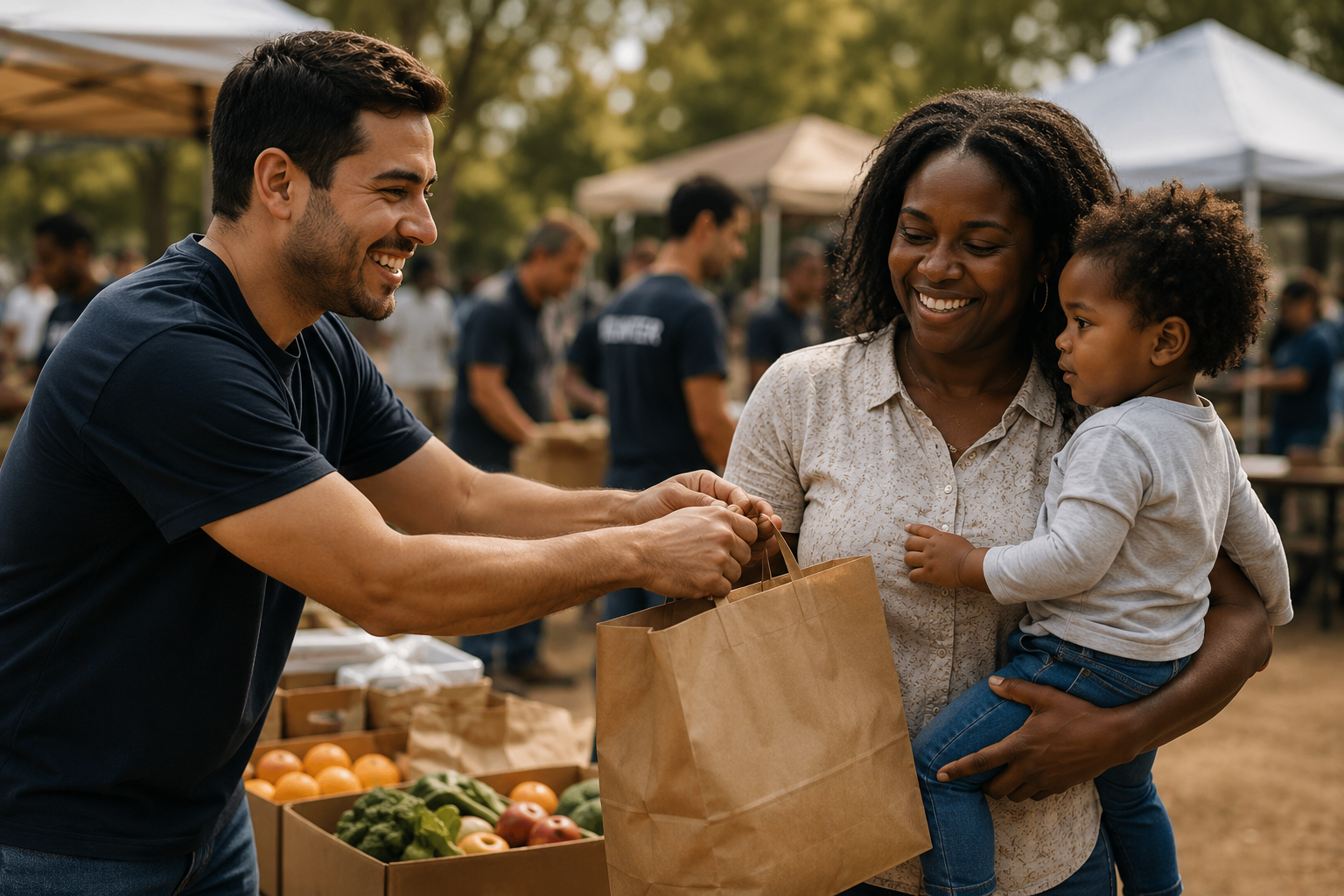 A man is giving a paper bag of groceries to a smiling woman holding a young child at an outdoor market.