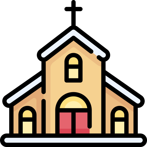 Illustration of a school building with a central tower, beige walls, and a red door, set against a black background.