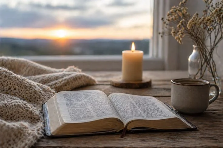 Open book on a wooden table next to a lit candle, mug, and a vase with flowers, with a sunset view outside the window.
