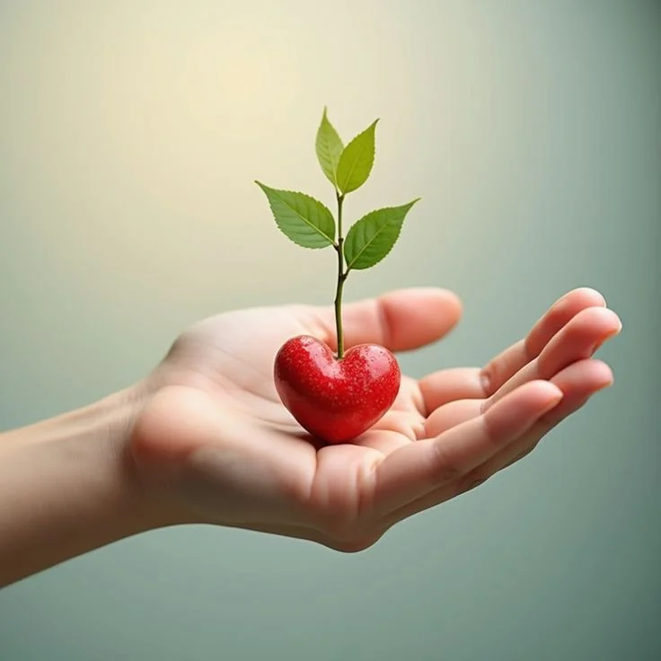 A human hand holding a small red heart-shaped fruit with a green plant sprouting from it, symbolizing growth and health.