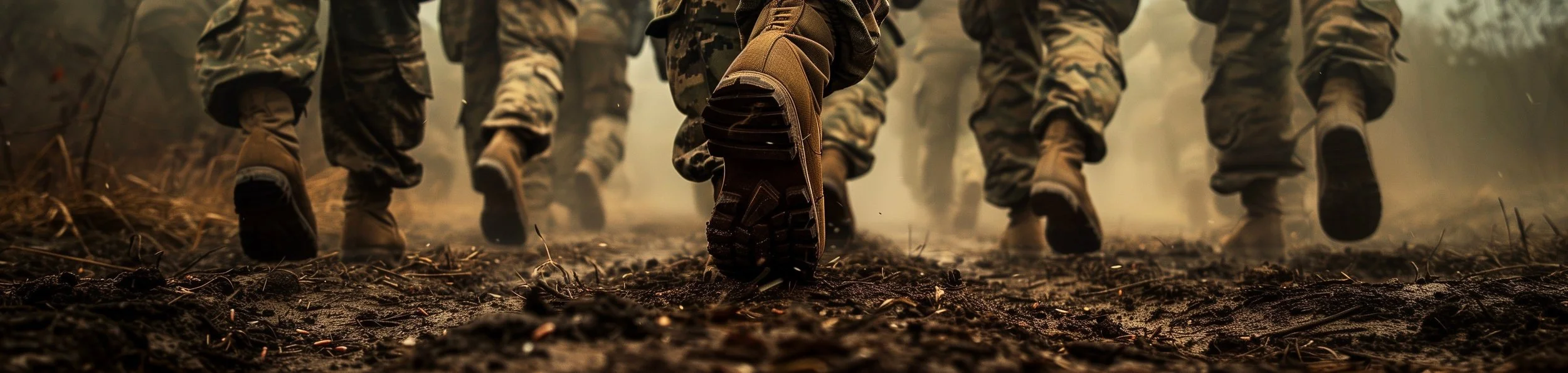 Soldiers in camouflage uniforms hiking through a smoky, forested area with earth and twigs on the ground.