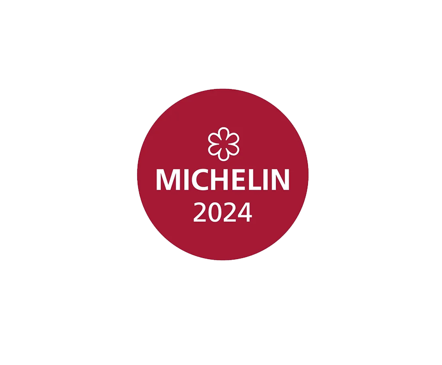 Michelin 2024 guide logo with red circle and white flower icon