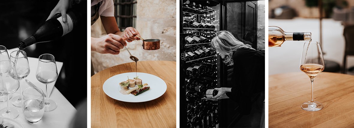 Sequence of images showing wine serving and tasting: pouring wine into glasses, a chef plating food, a woman selecting wine from a wine cellar, and pouring rosé wine into a glass.