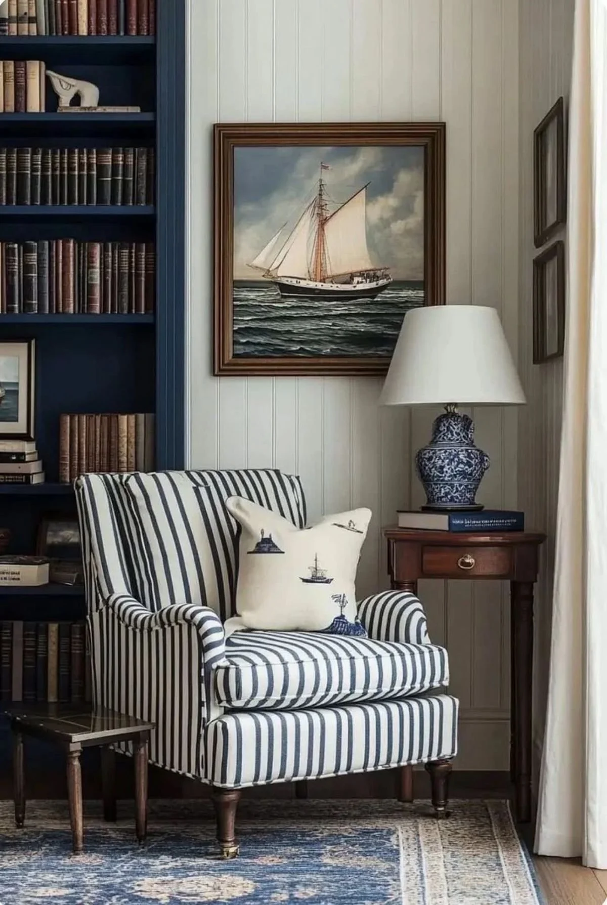 A living room corner with a black and white striped armchair, a decorative pillow, a side table with a blue and white porcelain lamp, and a framed painting of a sailboat on the wall, next to a bookshelf with books.