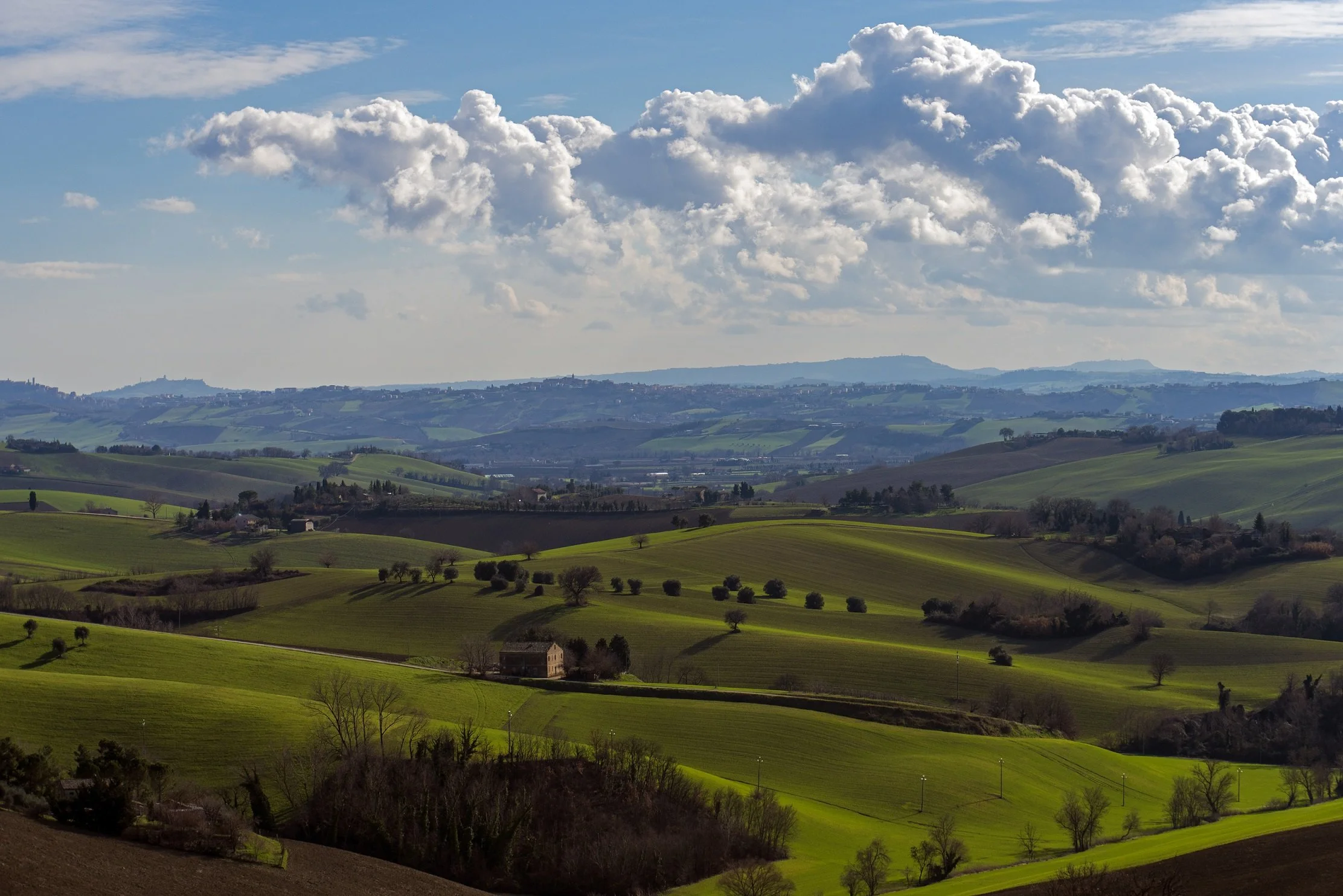 Paesaggi collinari verdi con alcune case sparse, sotto un cielo azzurro con nuvole bianche.