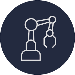 Icon of a robotic arm with a gripper, depicted in white against a dark circle background.