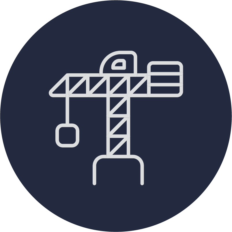 Icon of a construction crane with a hook in a dark circle