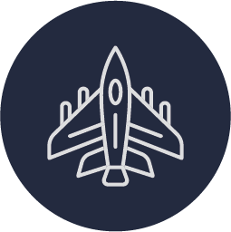 Icon of a fighter jet aircraft in white outline on a dark blue circular background.