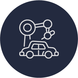 Icon of a robotic arm over a car, representing automation or manufacturing.
