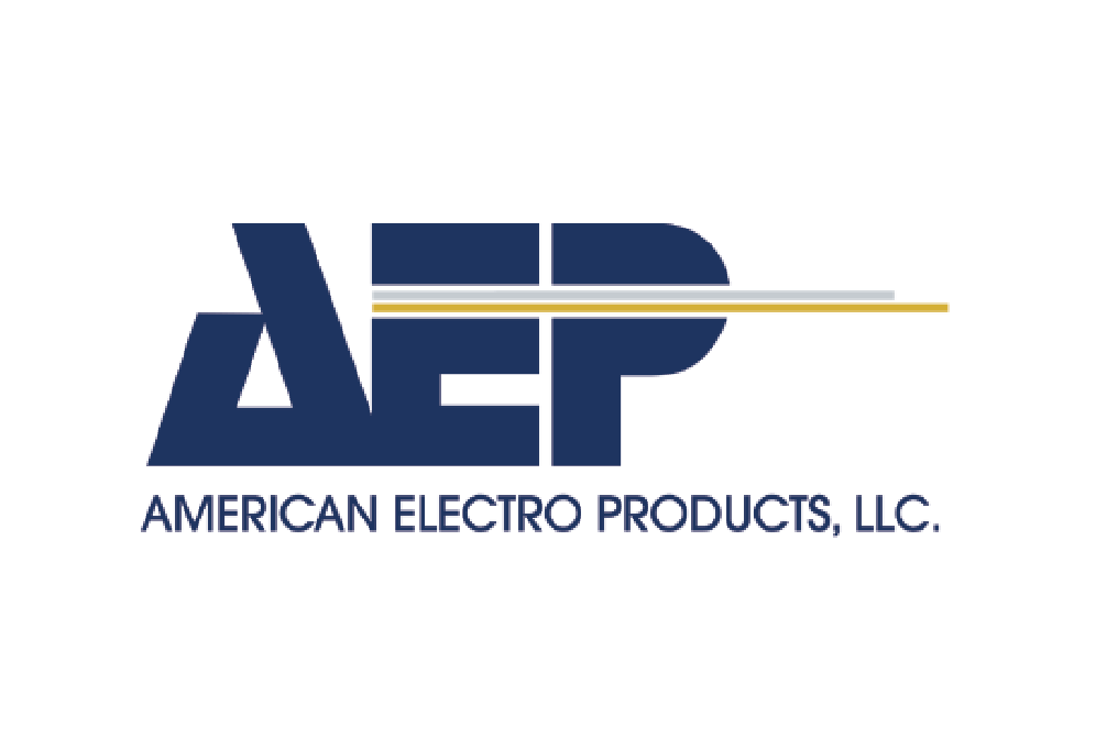 Logo of American Electro Products, LLC with stylized initials AEP and a horizontal line design.