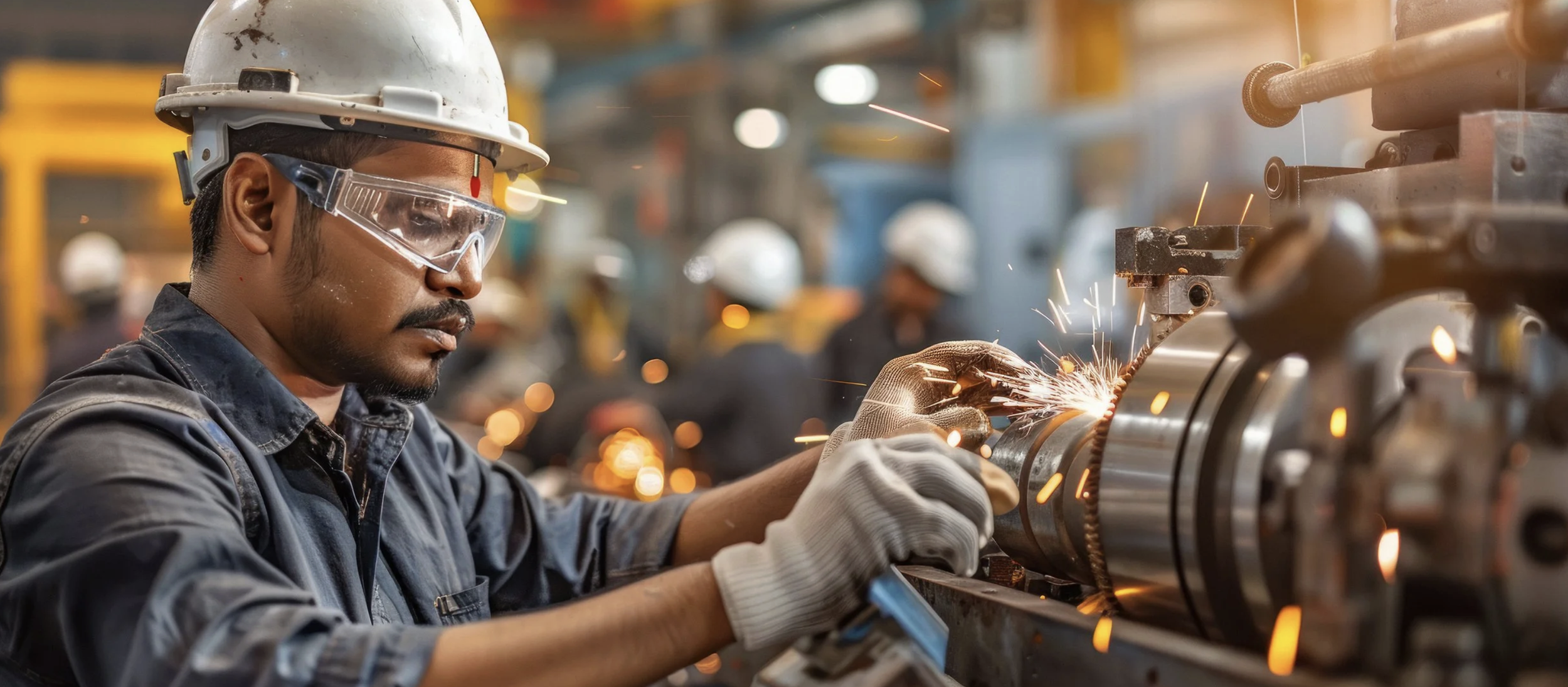 A factory worker welding metal pipes with sparks flying in an industrial workshop.