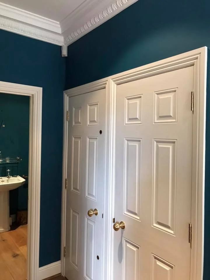 A hallway corner with blue walls, white crown molding, and a white double closet door with gold knobs.