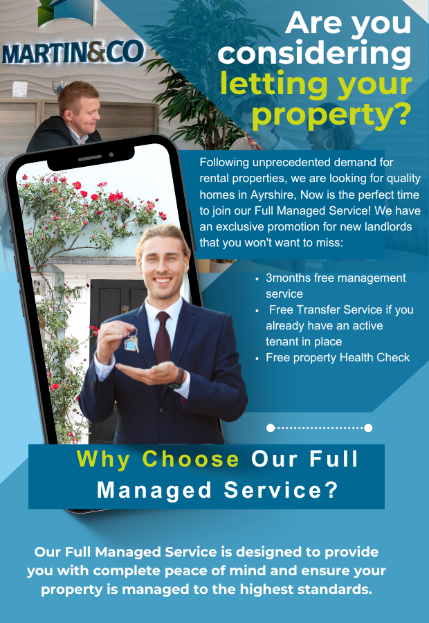 A real estate flyer from Martin & Co asking if you are considering letting your property, promoting their full managed service including free management, transfer service, and property health check, with images of a man in a suit holding keys and a woman in an office.