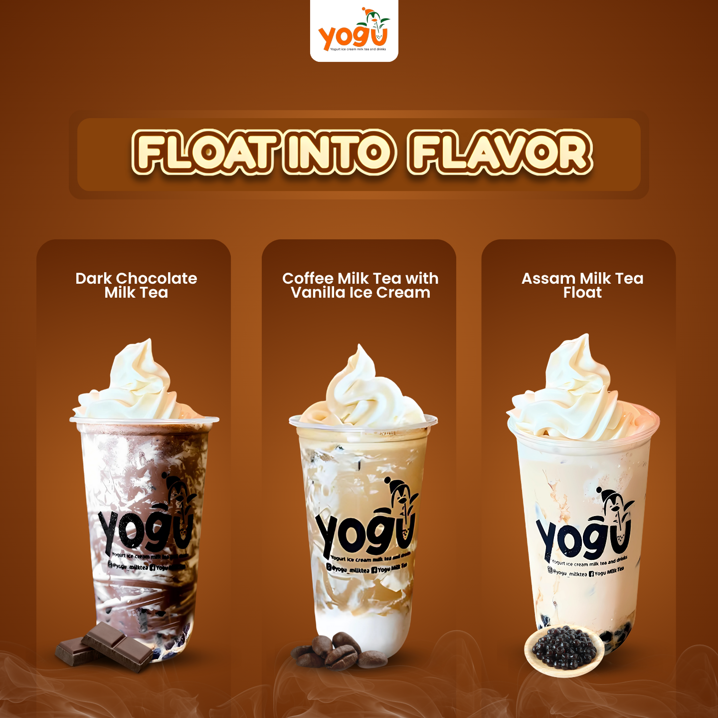 Three different milk teas: dark chocolate milk tea, coffee milk tea with vanilla ice cream, and Assam milk tea float, each topped with whipped cream and served in clear cups with the yogurt logo.