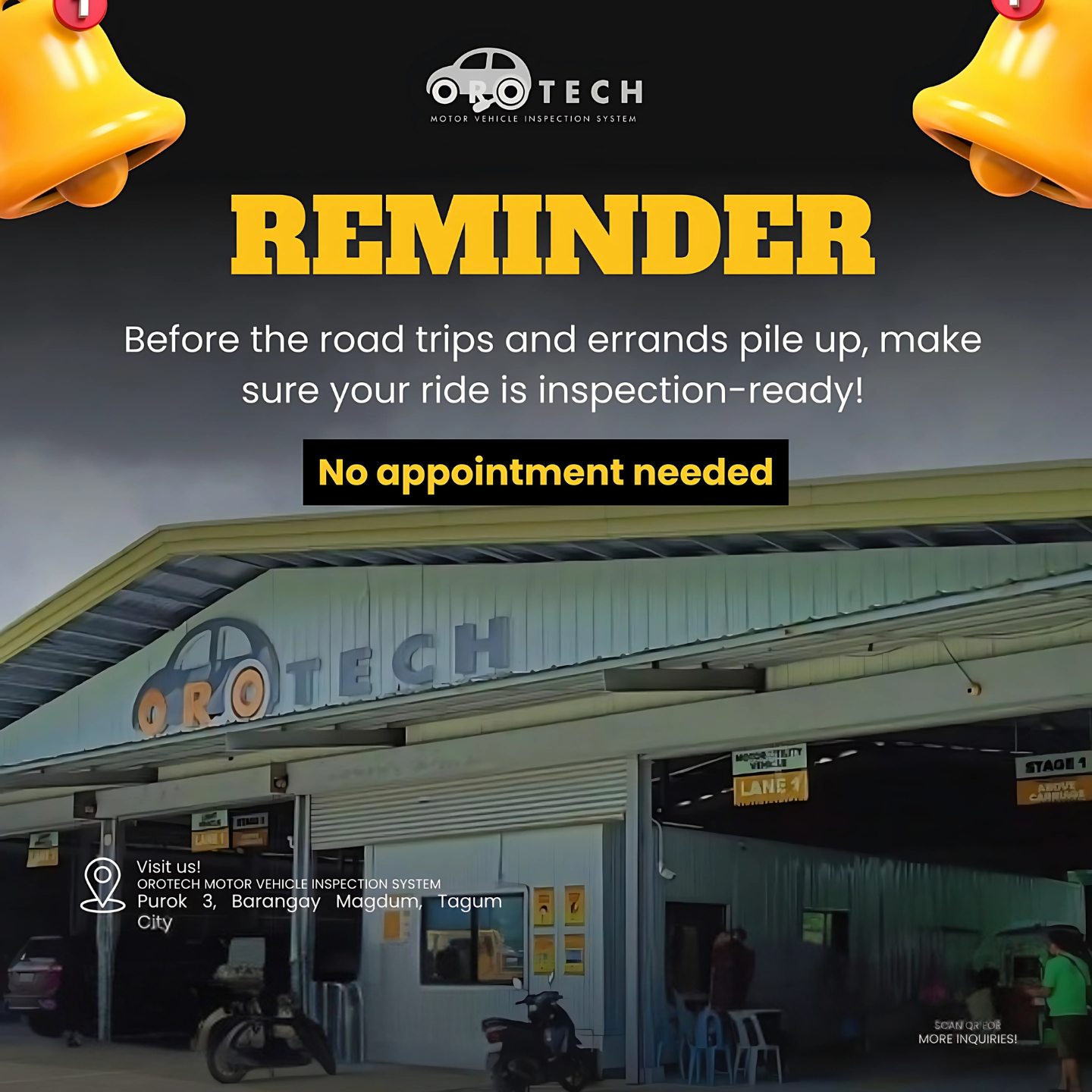 Sign for Orotech Motor Vehicle Inspection System with a reminder message about vehicle checks before road trips, and images of yellow duck heads at the top corners.