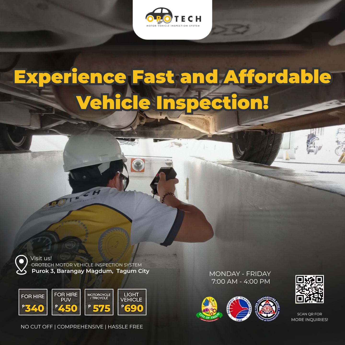 Poster for Orotech Motor Vehicle Inspection System at Purok 3, Barangay Magdum, Tagum City, featuring a mechanic inspecting a vehicle underneath, with pricing and contact information.