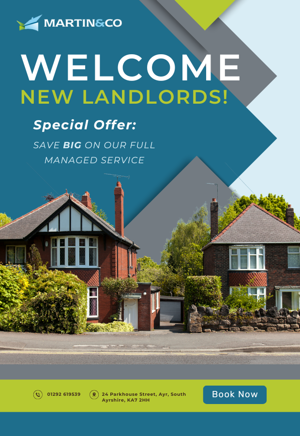 Flyer from Martin & Co welcoming new landowners with a special offer for property management services. Features images of residential houses, contact info, and a 'Book Now' button.