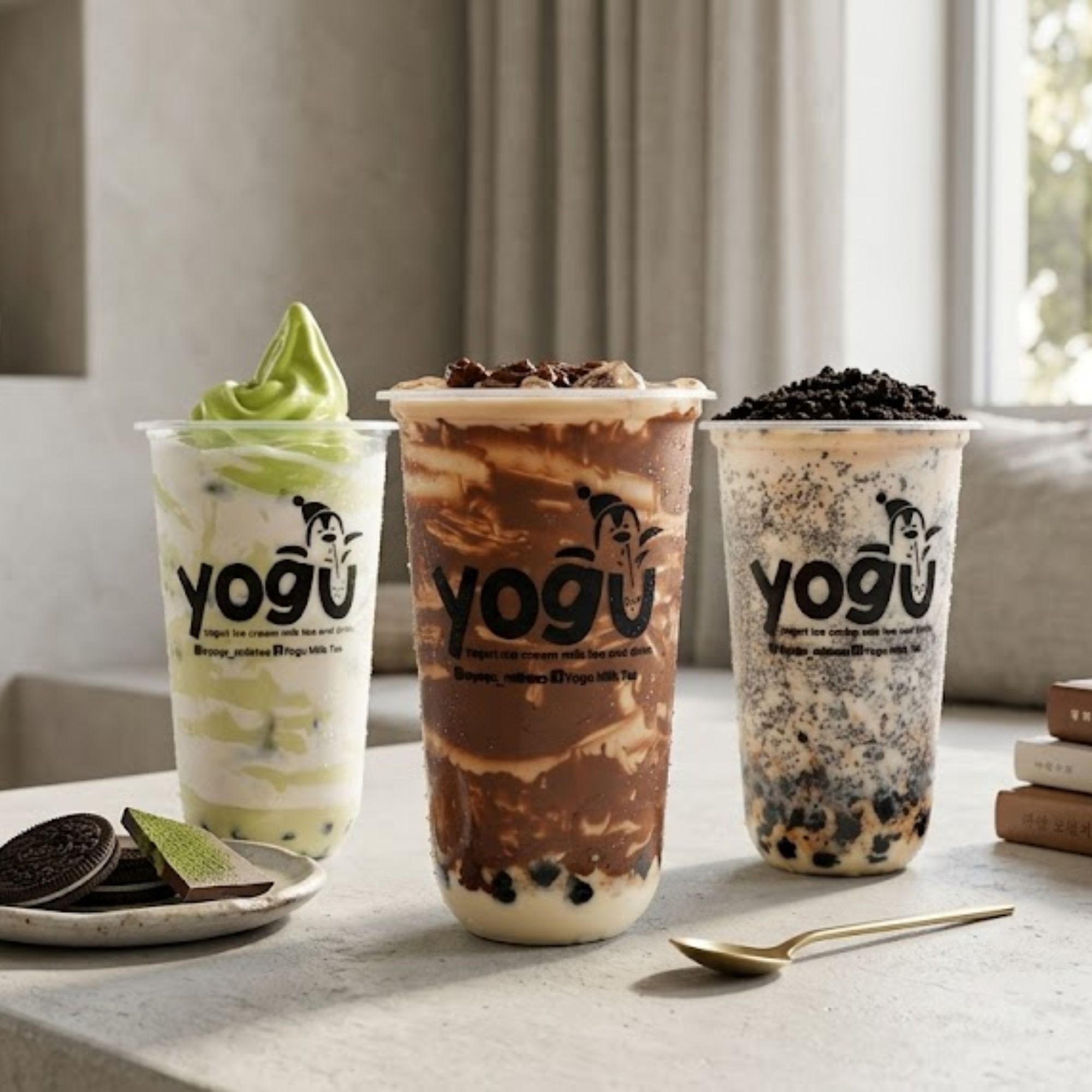 Three cups of frozen yogurt on a white plate and a gray countertop, with a spoon, cookies, and a green lime in the foreground.