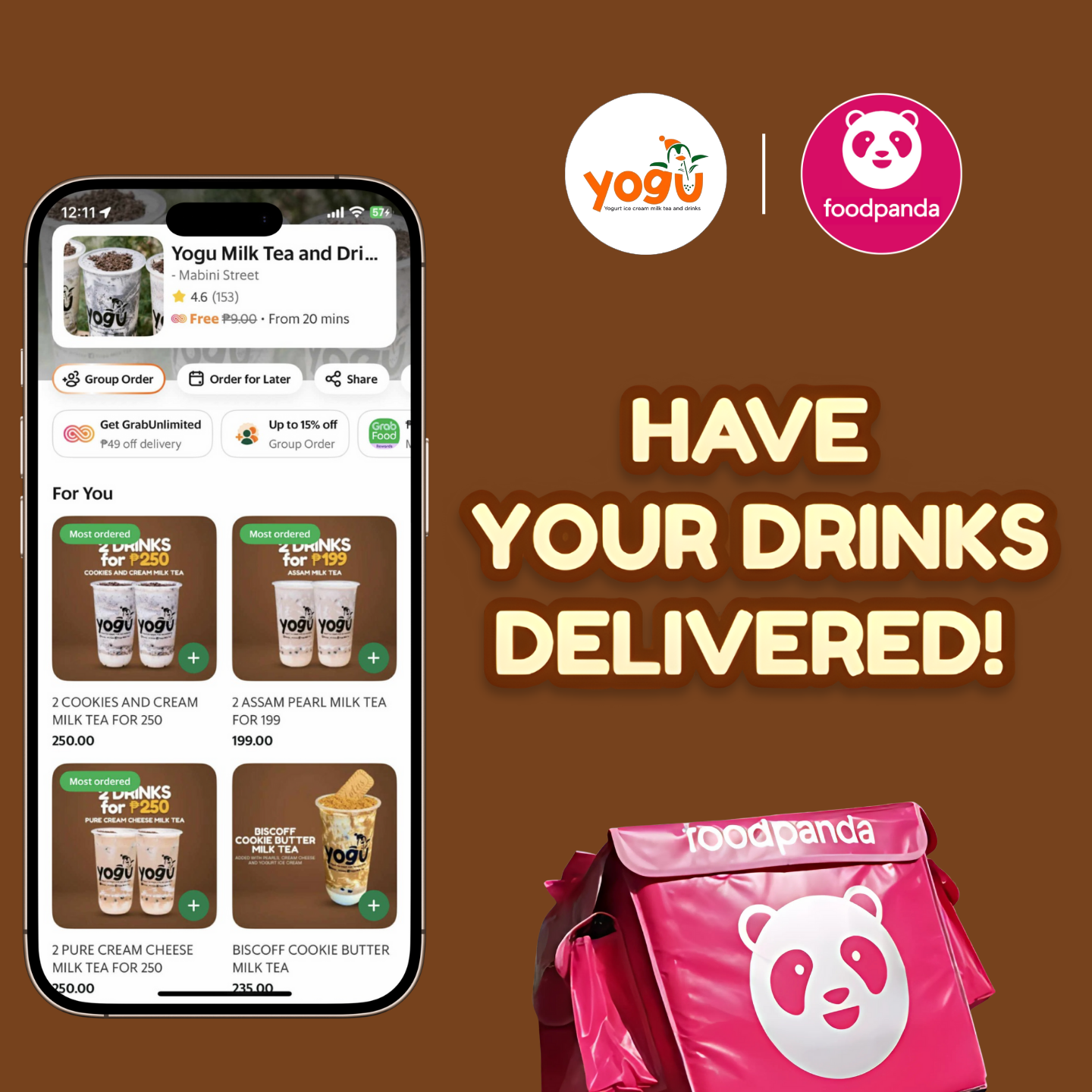 Smartphone displaying food delivery app with drink options from Yogu Milk Tea and Drip, along with promotional offer text on a brown background.