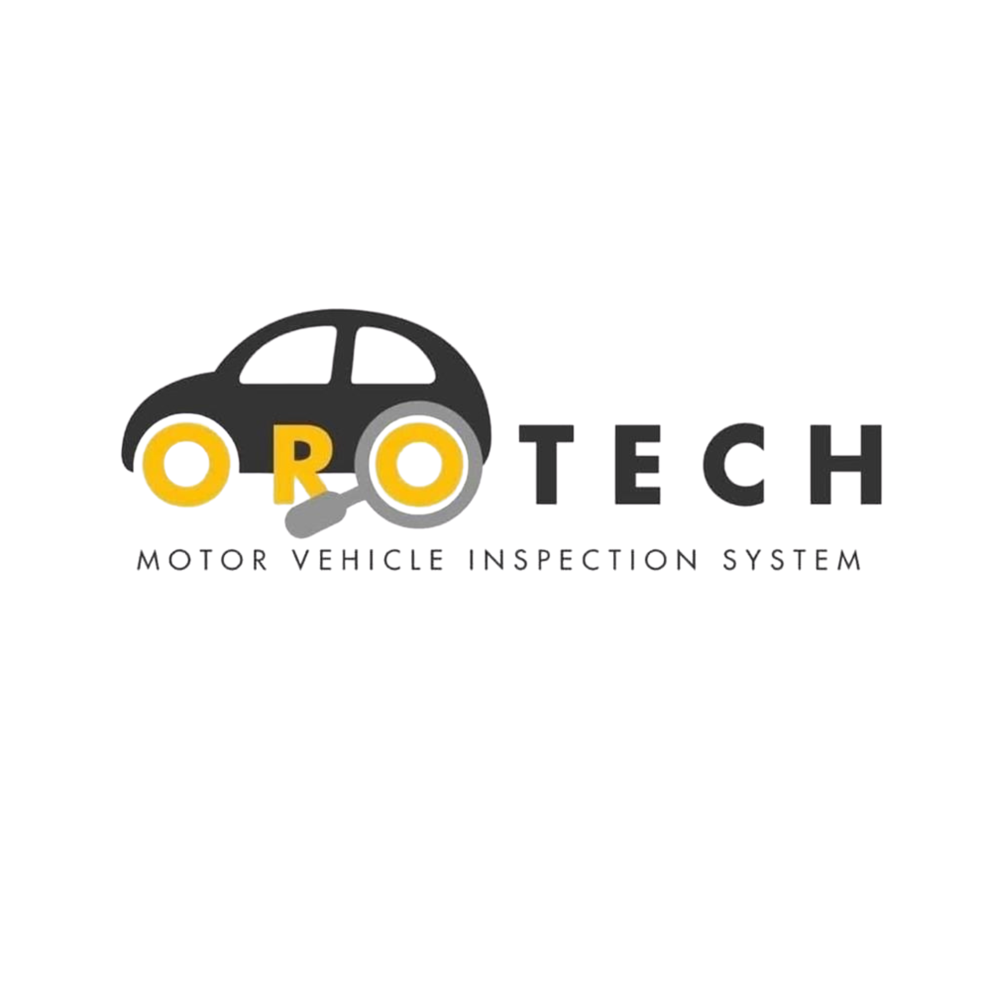 Logo for ORO TECH, a motor vehicle inspection system, featuring a stylized car with wheels and a magnifying glass, with black, gray, and yellow colors.