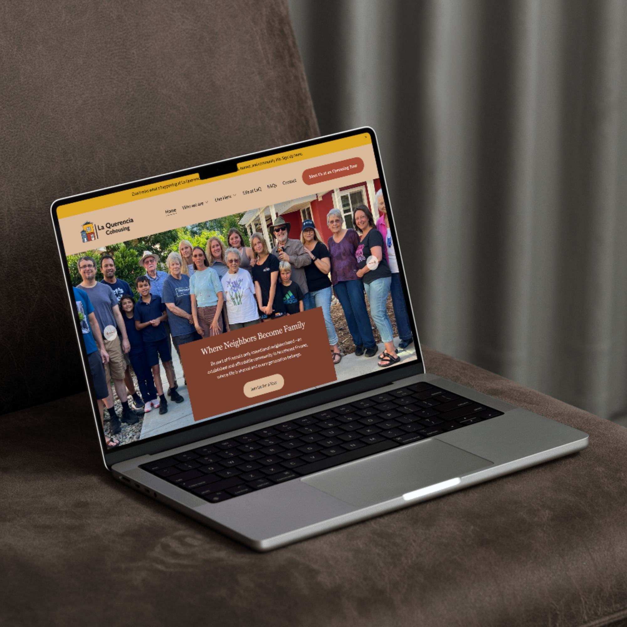 A laptop displaying a community website with a group photo and text about neighborhood engagement