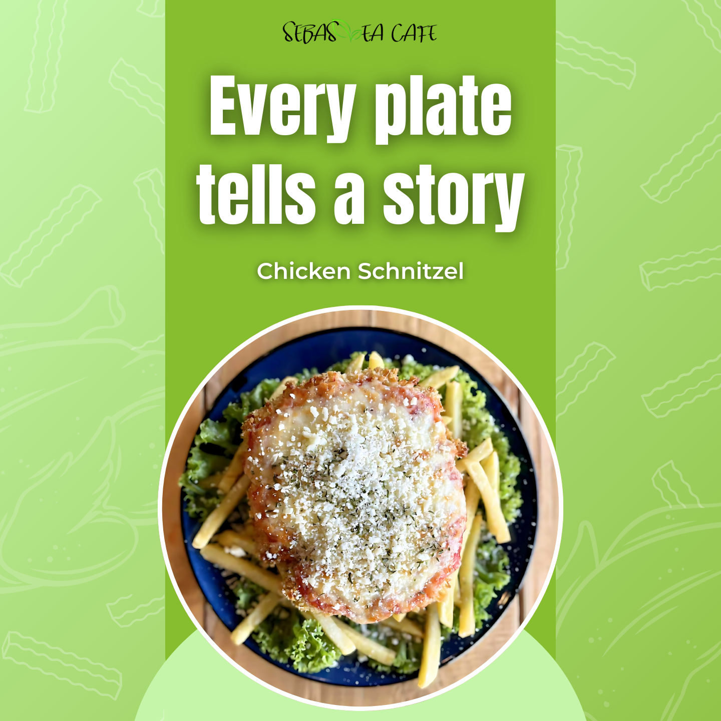 Book cover titled 'Every plate tells a story' by Chicken Schnitzel, featuring a close-up photo of a breaded chicken schnitzel on a black plate with pasta, lettuce, and grated cheese, set on a wooden surface.