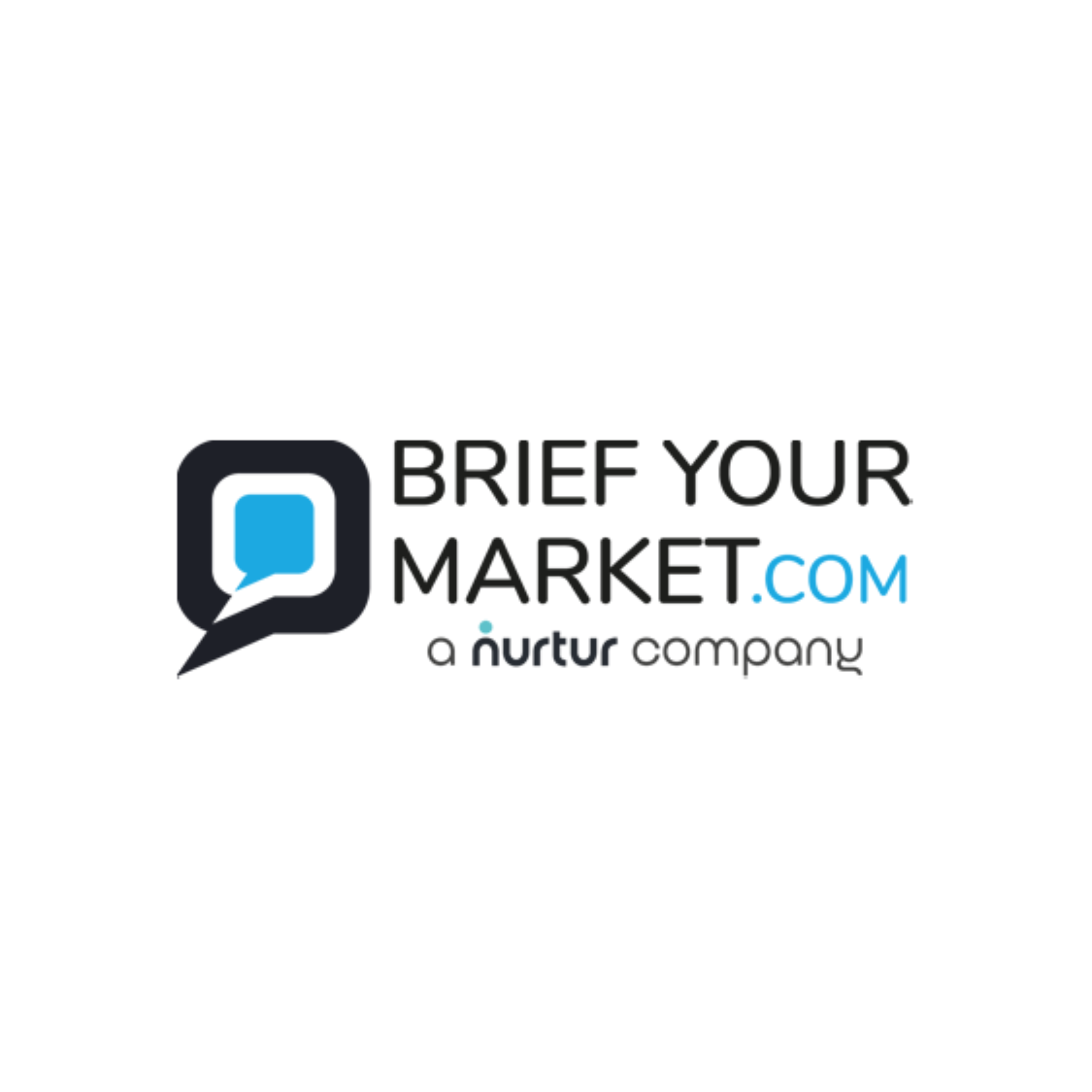 A logo with the text 'BRIEF YOUR MARKET' and 'com' with a chat bubble icon, along with the tagline 'a nurture company'.