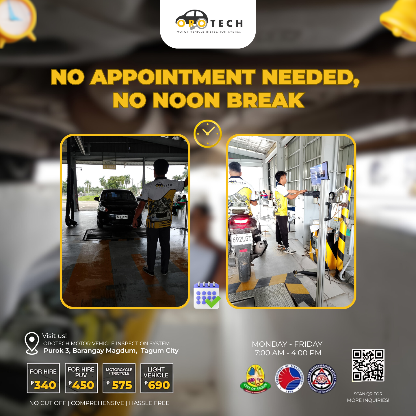 Promotional flyer for OROTECH MOTOR VEHICLE INSPECTION SYSTEM showing two images of vehicle inspection stations with staff. The flyer highlights no appointment needed and no noon break, listing prices for different vehicle services. The location is Purok 3, Barangay Magdum, Tagum City, and operating hours are Monday to Friday, 7:00 AM to 4:00 PM.