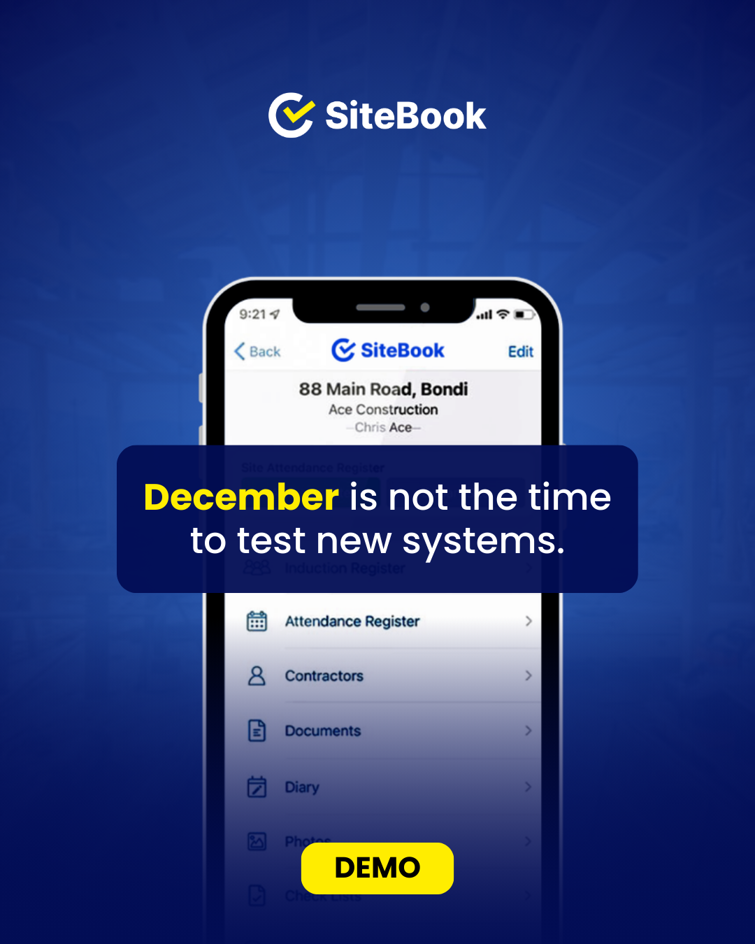 Promotional graphic for SiteBook app with a smartphone displaying a digital interface. The text highlights that December is not the time to test new systems, and a yellow button labeled 'DEMO' is present at the bottom.