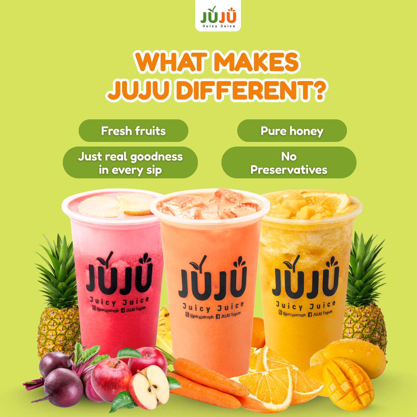 Three colorful fruit smoothies with pineapples, apples, carrots, oranges, and mangoes around them, promoting Juju Juicy Juice with a lime green background and supply text about fruit and honey ingredients.
