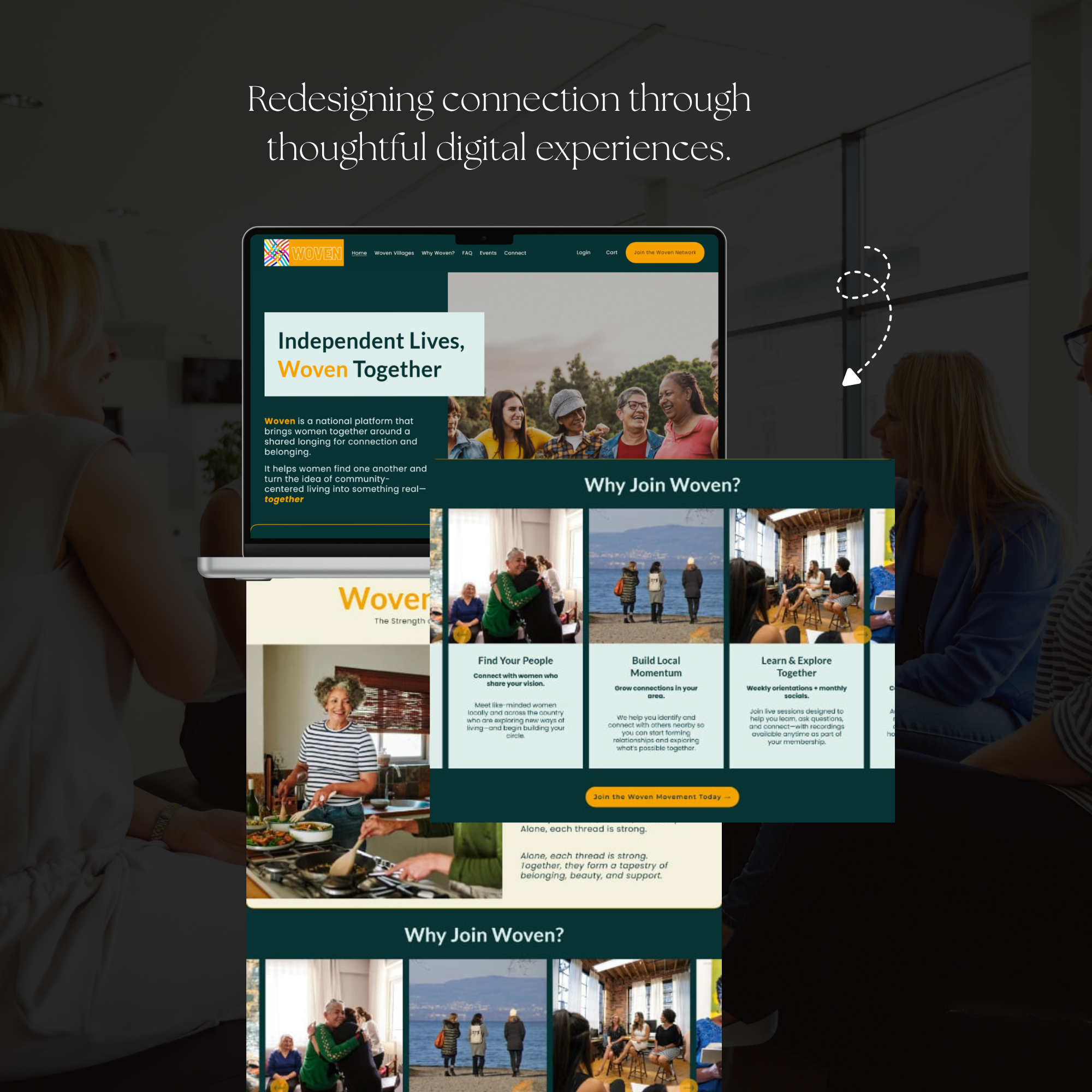 Screenshot of a website titled 'Redesigning connection through thoughtful digital experiences.' The webpage features a navigation menu, a call-to-action button saying 'Join the Woven Network,' and several sections with images of diverse people engagi