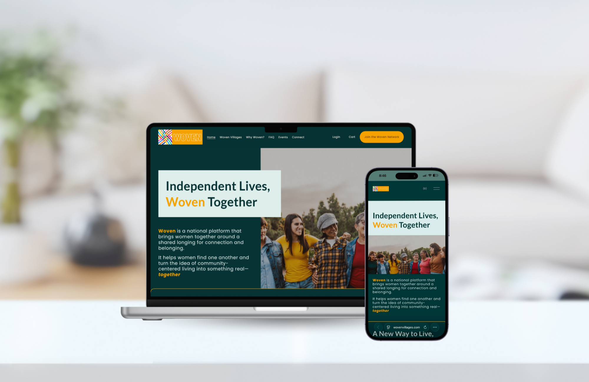 A computer and smartphone displaying the homepage of Woven Villages, a platform for connecting women in community villages.
