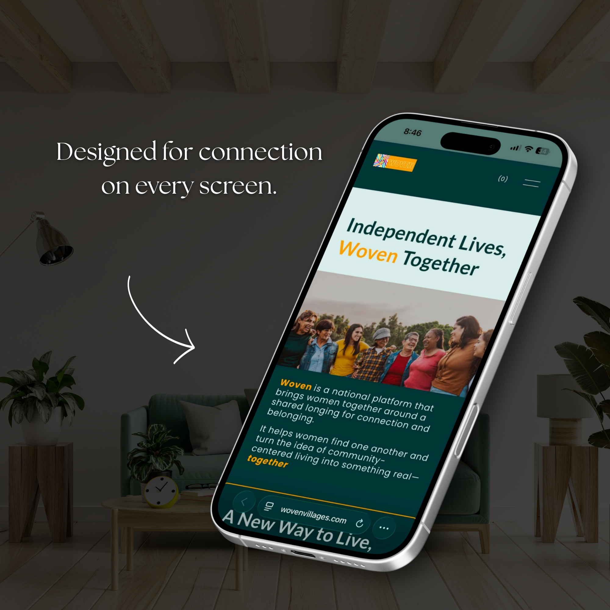 Smartphone displaying a website with the text "Designed for connection on every screen." and a group of diverse people smiling outdoors.