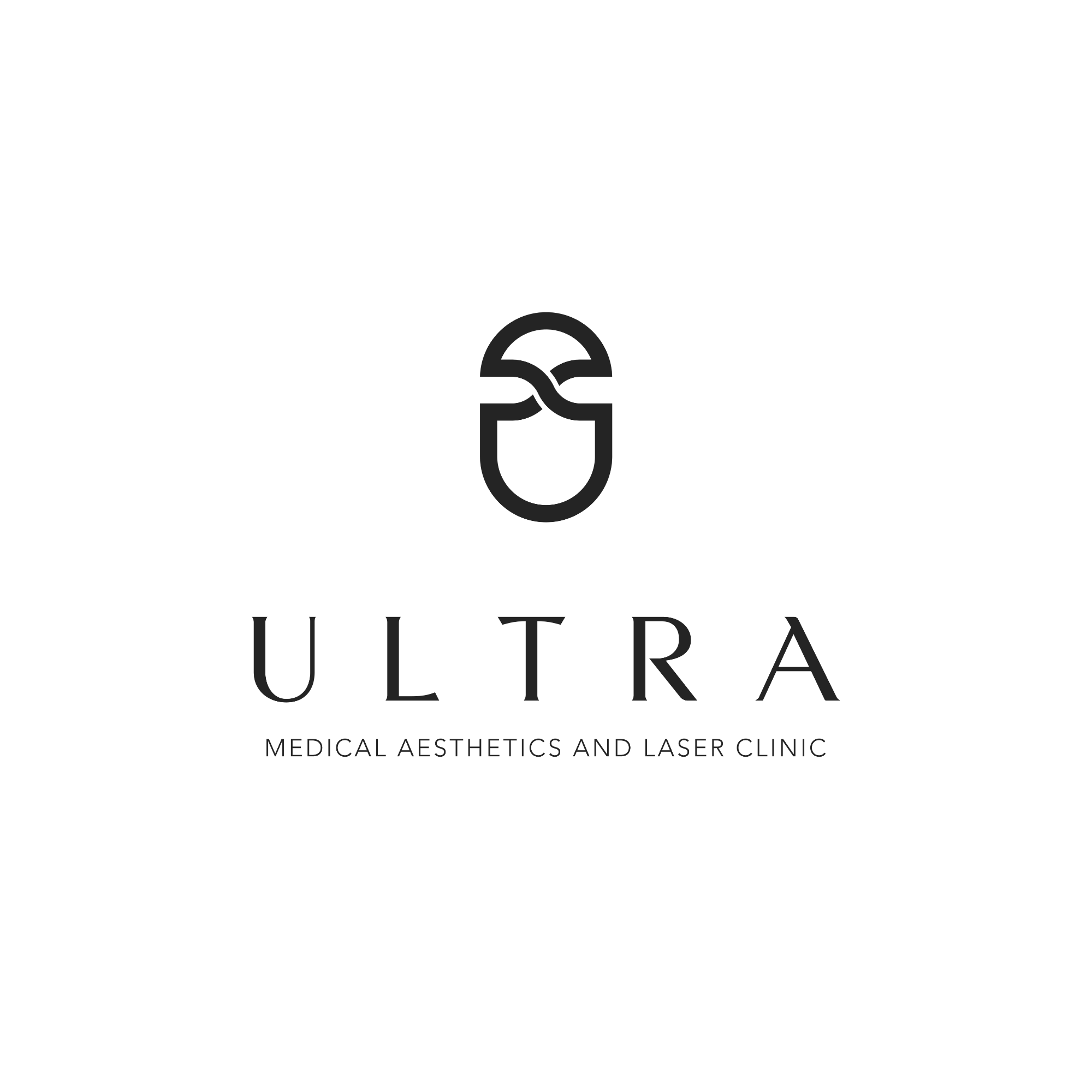 Logo for Ultra Medical Aesthetics and Laser Clinic, featuring a stylized anatomical figure with a curved line forming a face and body, with the words 'ULTRA' in bold uppercase letters and 'Medical Aesthetics and Laser Clinic' underneath.