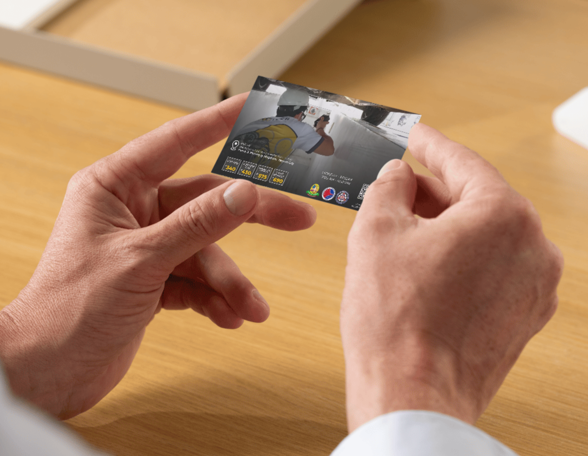 Person holding a card with an image of a shooter aiming a rifle at a shooting range.