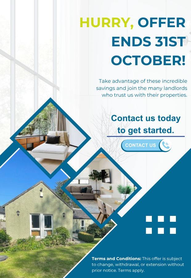 Promotional flyer for a limited-time offer ending October 31st, featuring images of a house and interior rooms, with text highlighting savings and contact information.