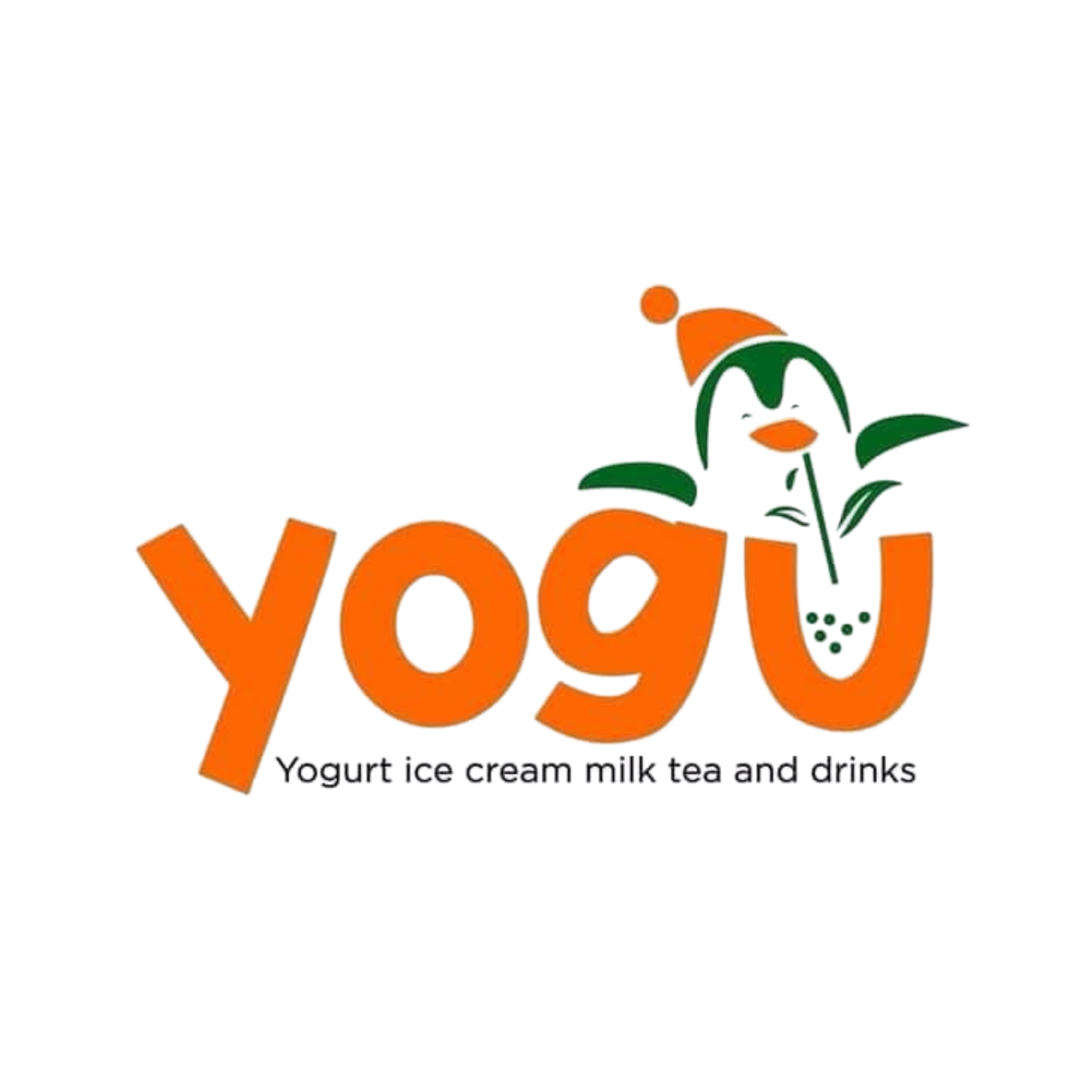 Logo with animal character wearing a hat with popcorn and the word "Yogurt" in orange letters, and a description of yogurt ice cream milk tea and drinks.
