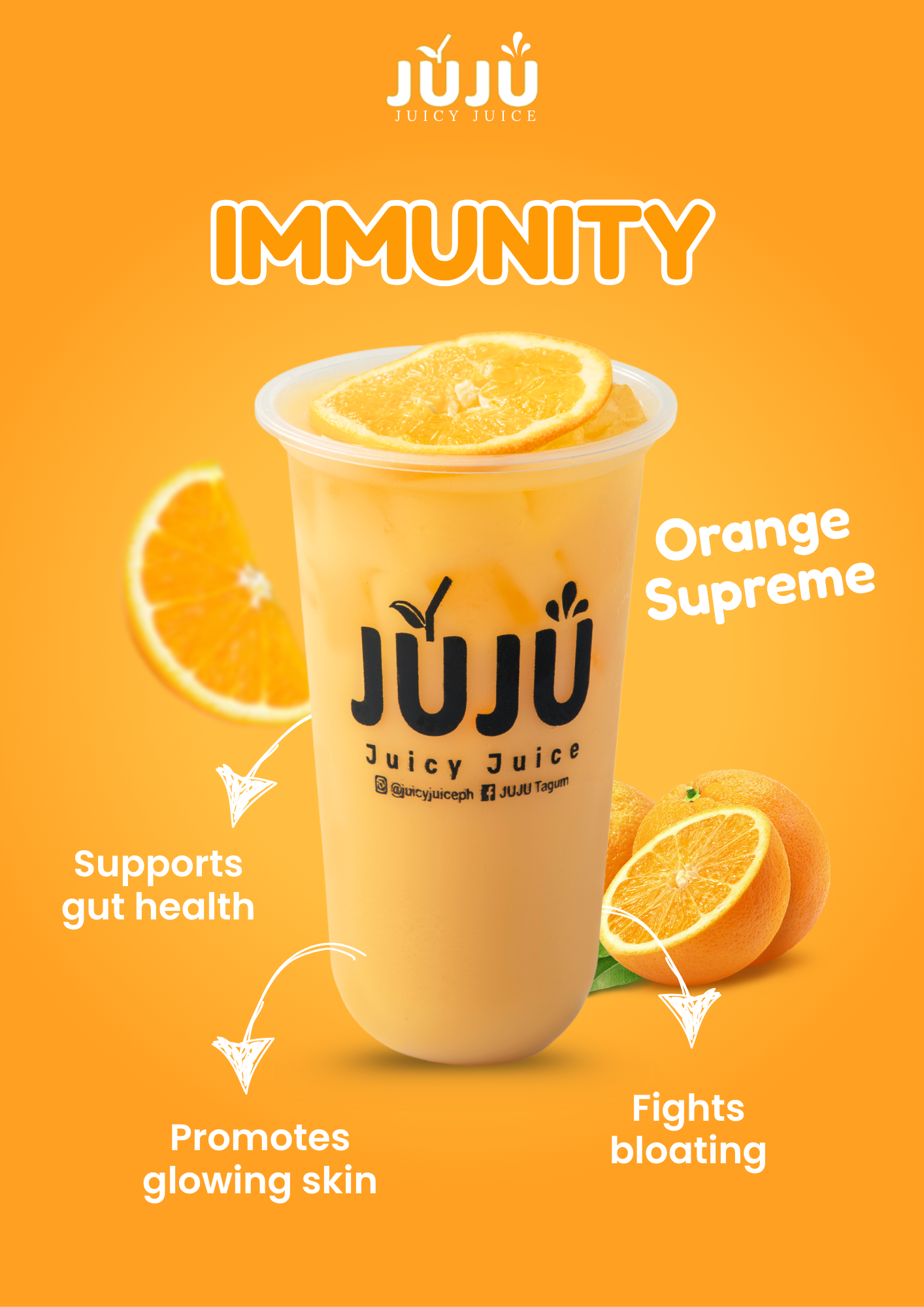 Bright orange background with a cup of orange juice topped with orange slices. Orange fruit half and slices in the background. Text highlights the benefits of orange juice, including supporting gut health, promoting glowing skin, fighting bloating, a