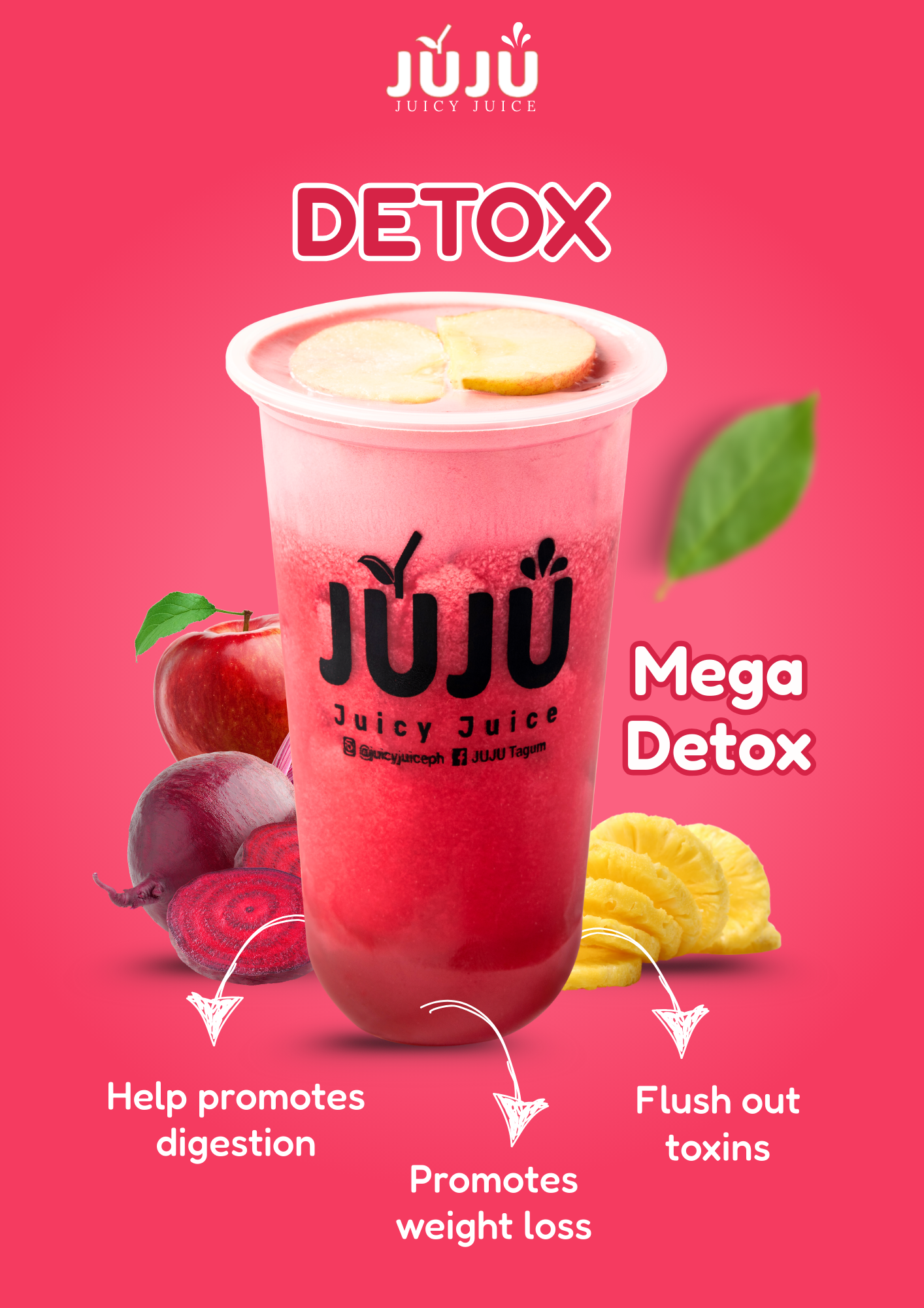 Pink smoothie with apple slices on top, surrounded by apples, beets, and pineapple slices, promoting Juicy Juice detox benefits.