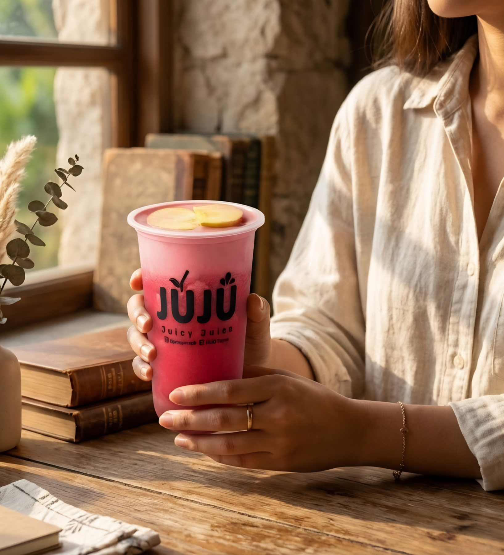 A person holding a pink bubble tea with apple slices on top, sitting at a wooden table with books and a plant nearby, in a cozy rustic setting.