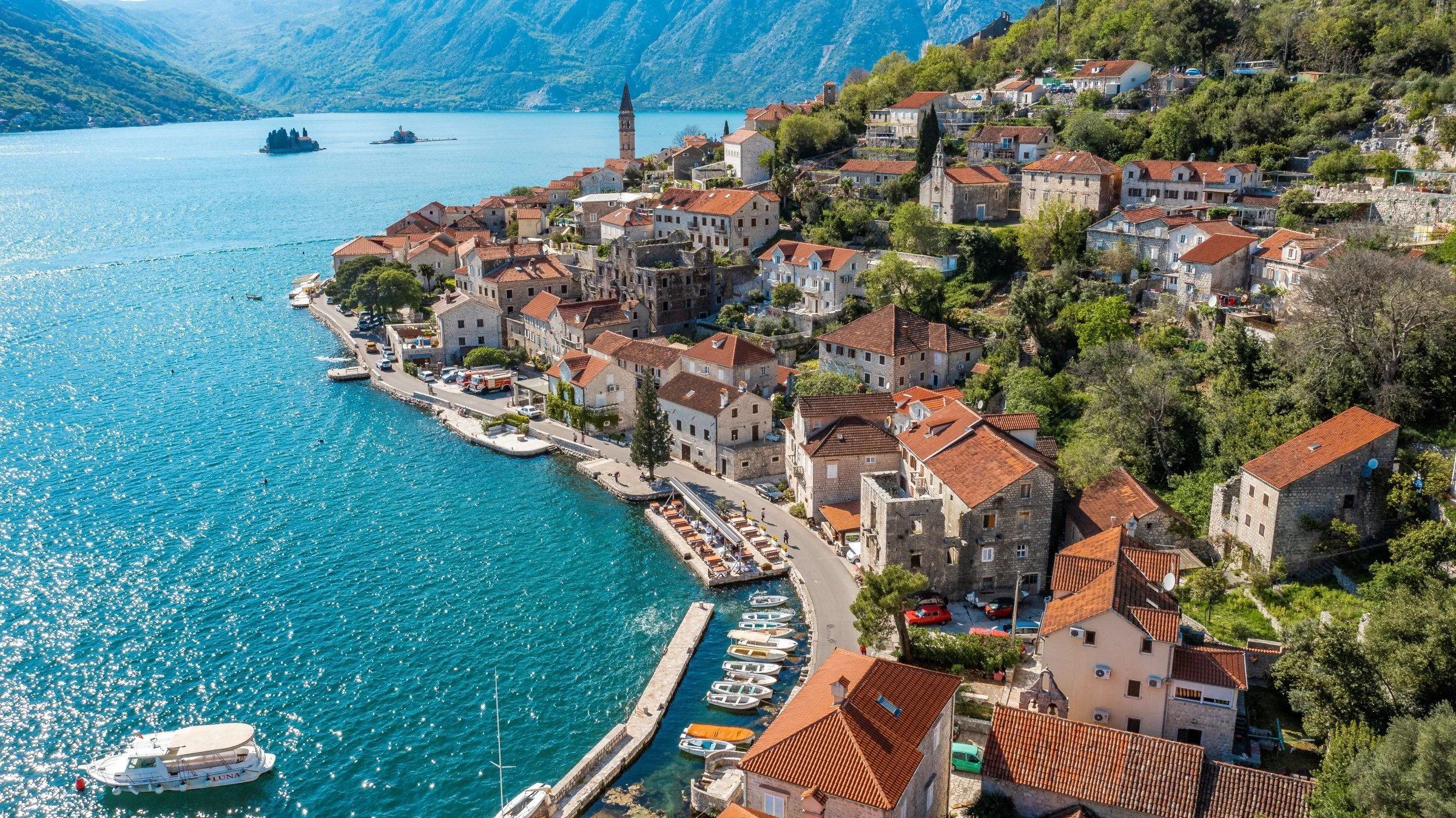 Boka Bay, Perast Montenegro. Aerial view. 