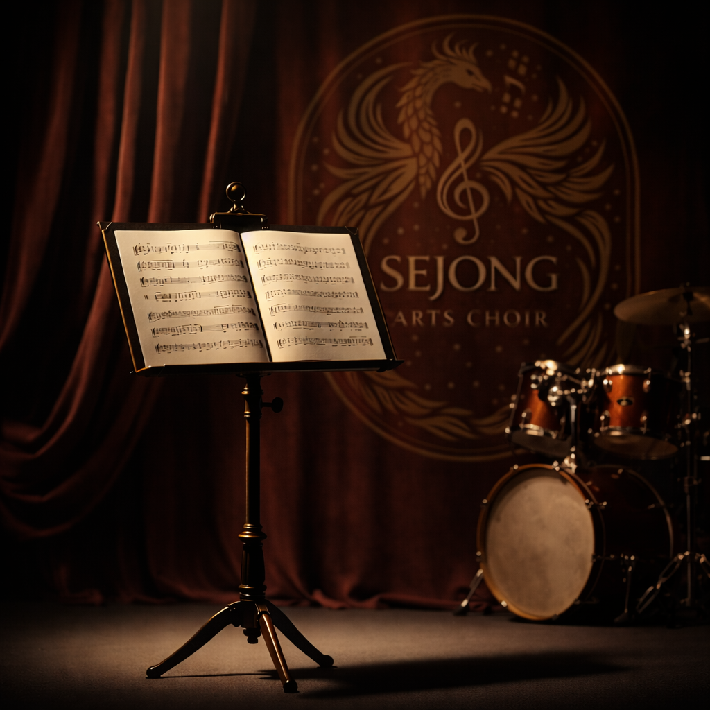 A music stand with sheet music in front of a curtain on a stage, with a drum set in the background and a logo for Sejong Arts Choir featuring a stylized phoenix and a musical note.